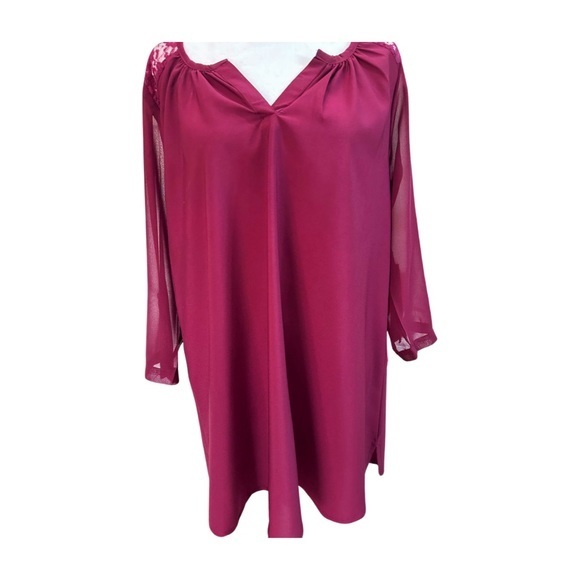 Times Maternity Tops - Maternity Burgundy Blouse 3/4 Sleeve with Lace Mesh Detail-Sz M